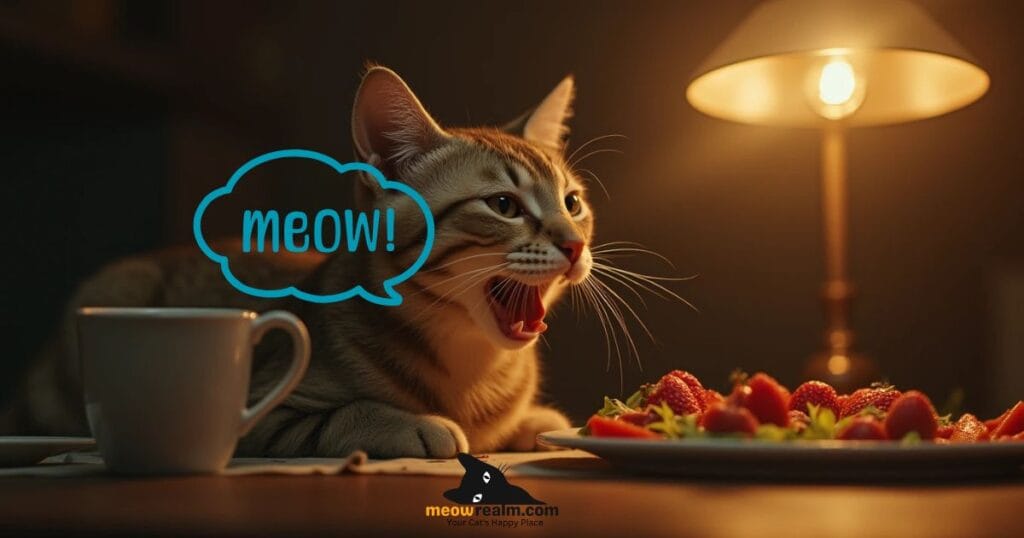 Cat meows for attention after eating