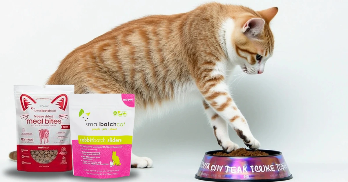 A close-up of a cat eating Smallbatch cat food, packed with nutritious ingredients for a balanced diet.