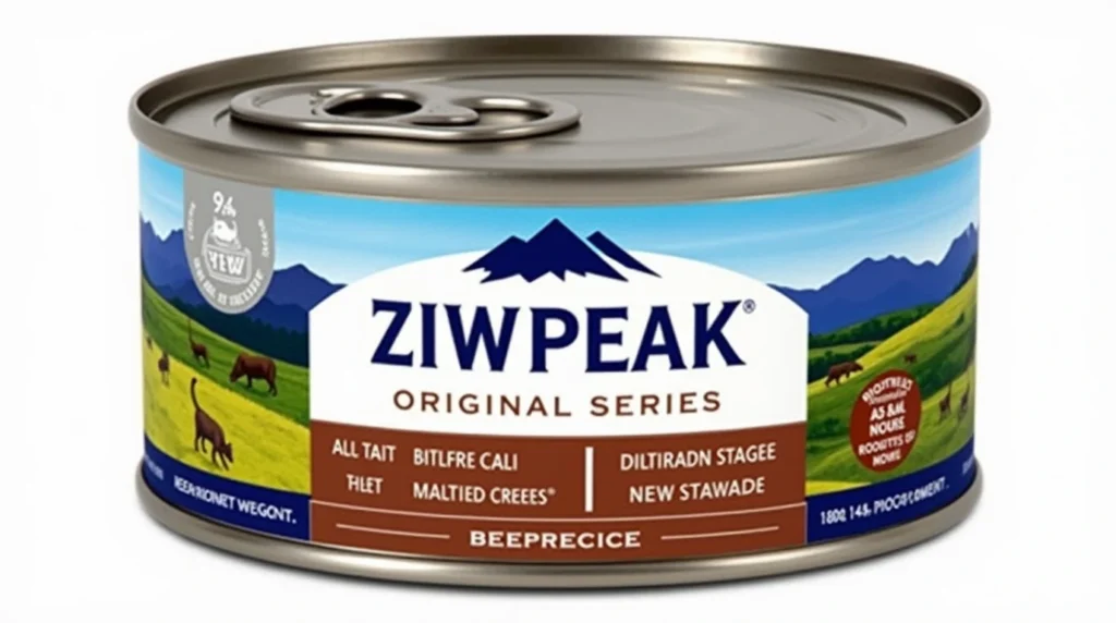 A close-up of Ziwi Peak Cat Food packaging highlighting its premium ingredients.