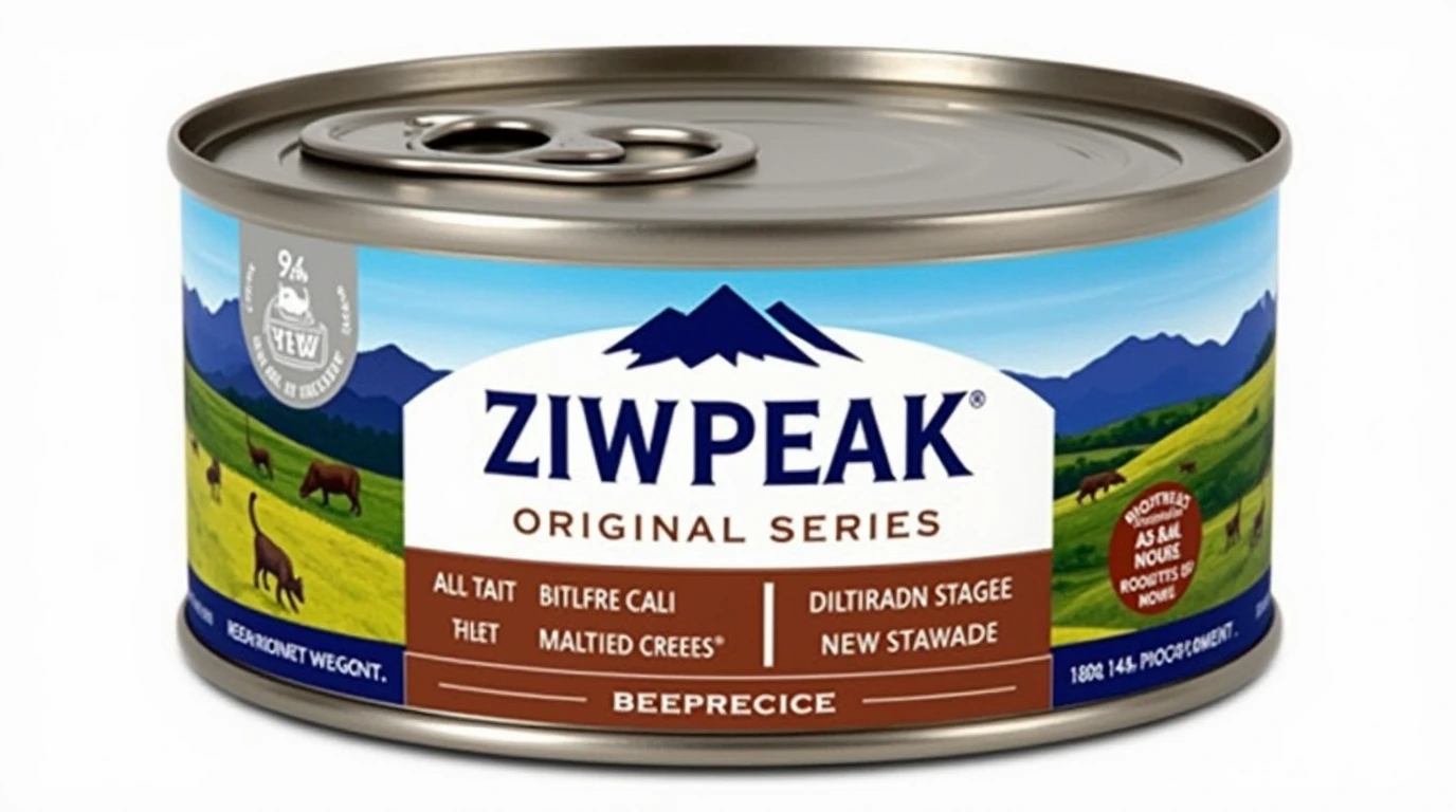 A close-up of Ziwi Peak Cat Food packaging highlighting its premium ingredients.