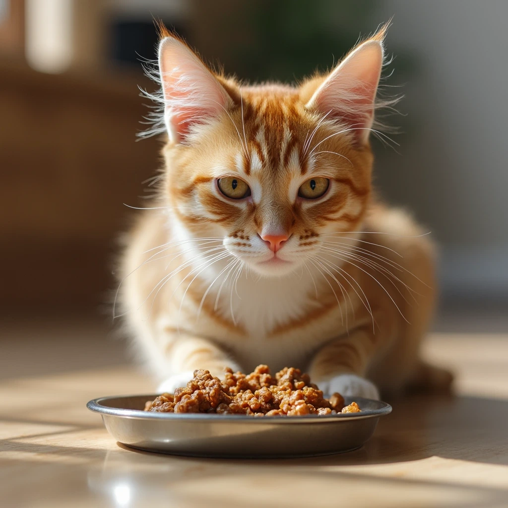 A cat looking satisfied after eating Smallbatch cat food, promoting a healthy lifestyle and well-being.