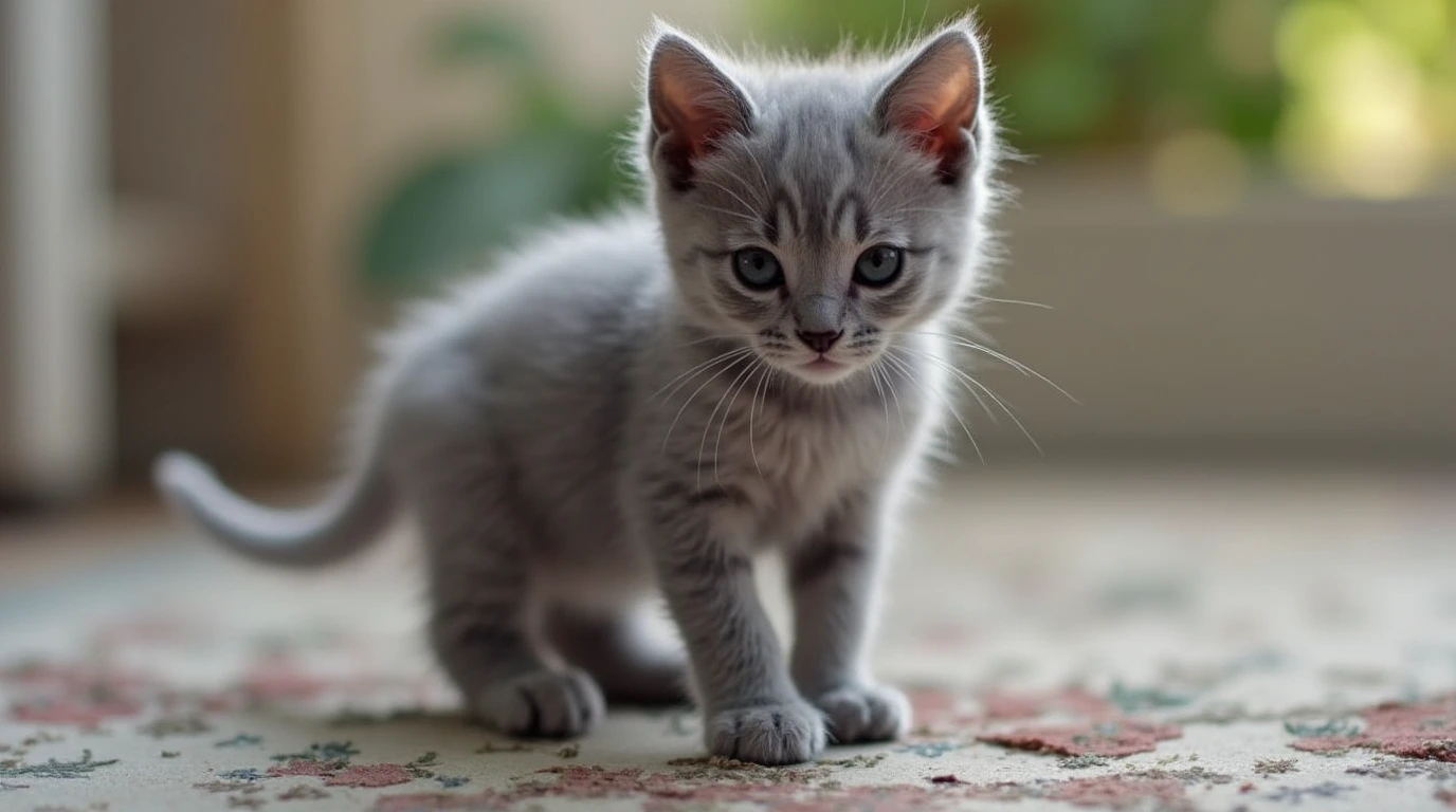 Close-up of a dilute tortie kitten with soft gray and cream fur.