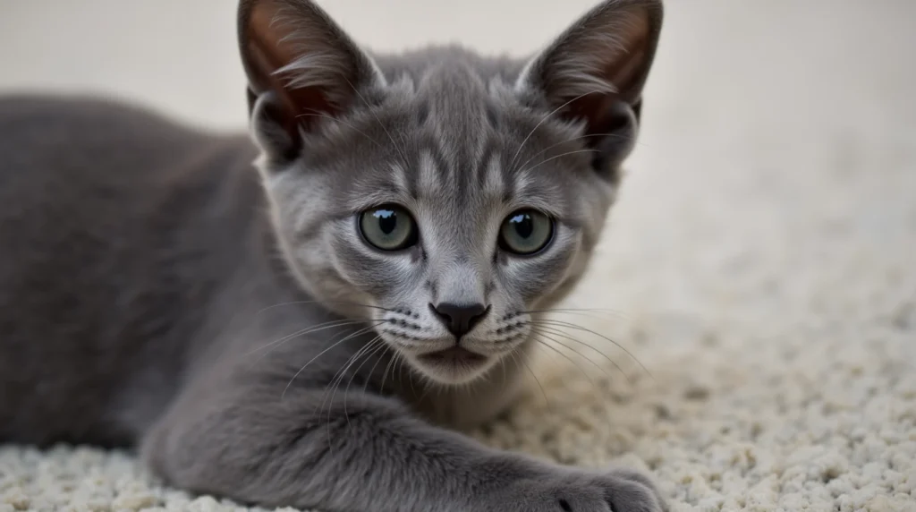 A dilute tortoiseshell cat with vibrant, faded shades of grey, cream, and peach, lounging peacefully.