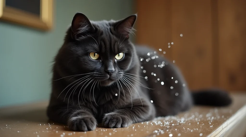 Salty licorice cat coat showing a glossy, sleek fur pattern with dark tones.