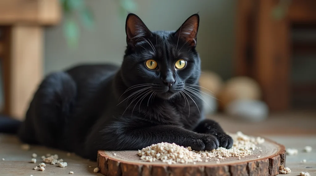 Cat grooming its salty licorice coat, revealing its soft and sleek fur.