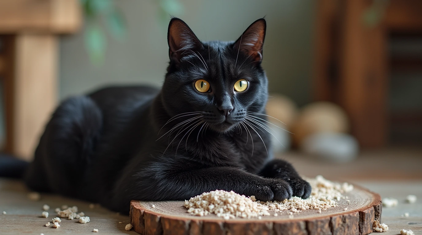 Cat grooming its salty licorice coat, revealing its soft and sleek fur.