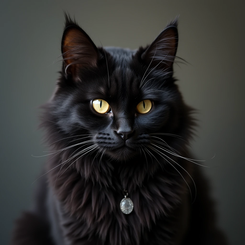 Close-up of a black smoke Maine Coon cat showcasing its distinctive smoky black fur and expressive golden eyes.