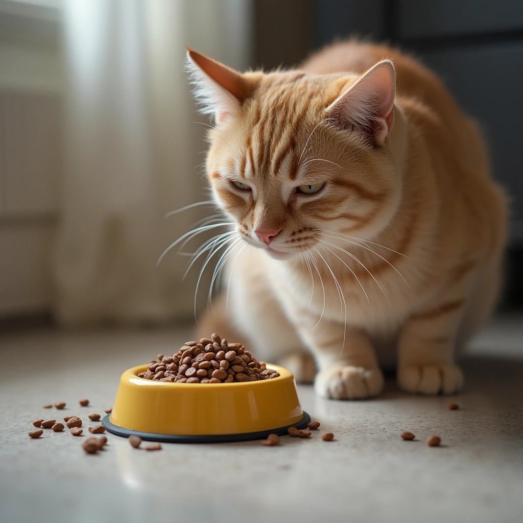 Cat near food bowl, illustrating the connection between diet and behavior changes.