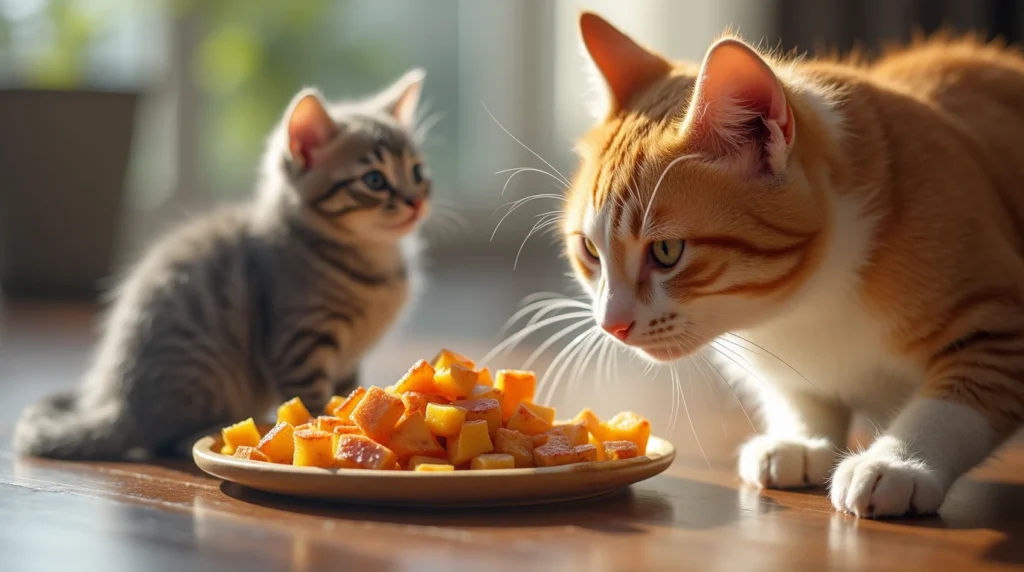 Cat displaying food aggressive behavior while eating from a bowl