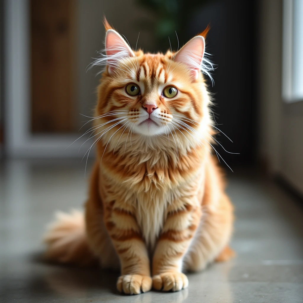 Close-up of an Orange Maine Coon Cat with vibrant orange fur and tufted ears.