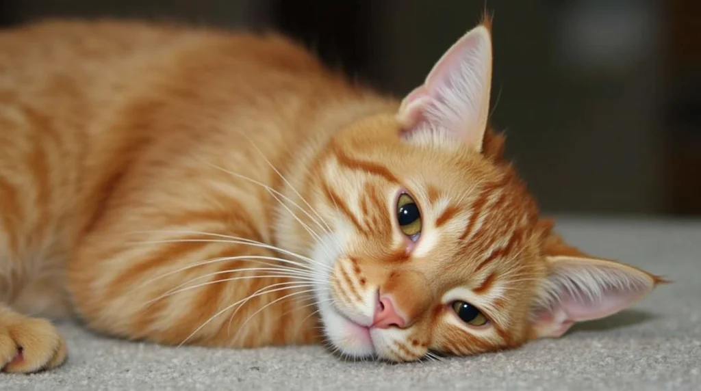 Orange Maine Coon Cat relaxing on a soft couch, showing off its long fur.