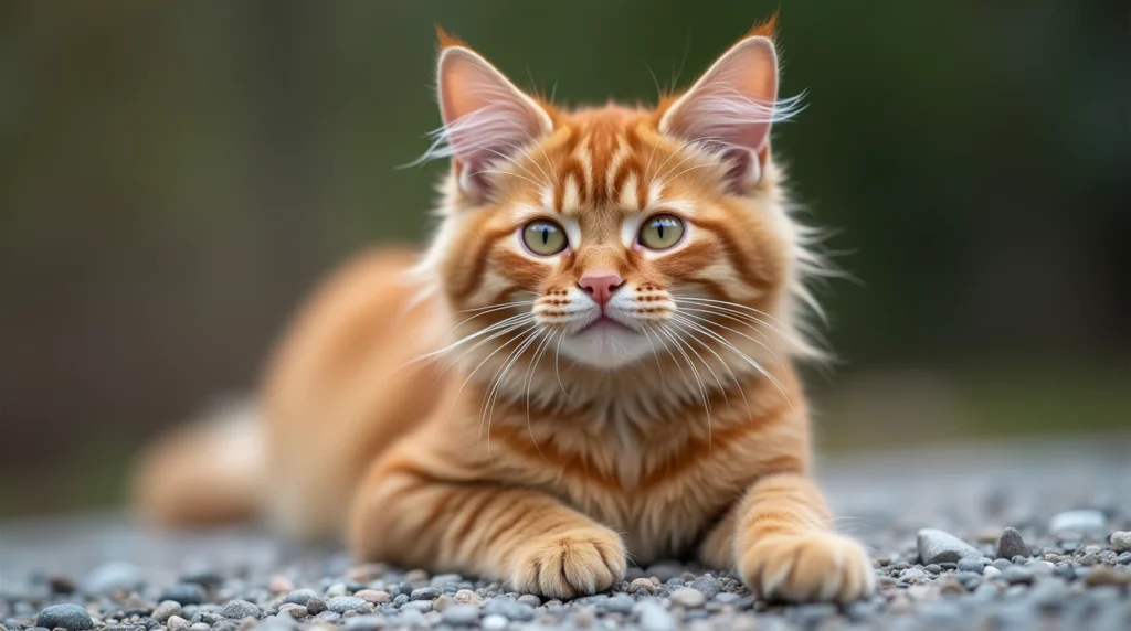 Playful Orange Maine Coon Cat chasing a toy with wide, focused eyes.