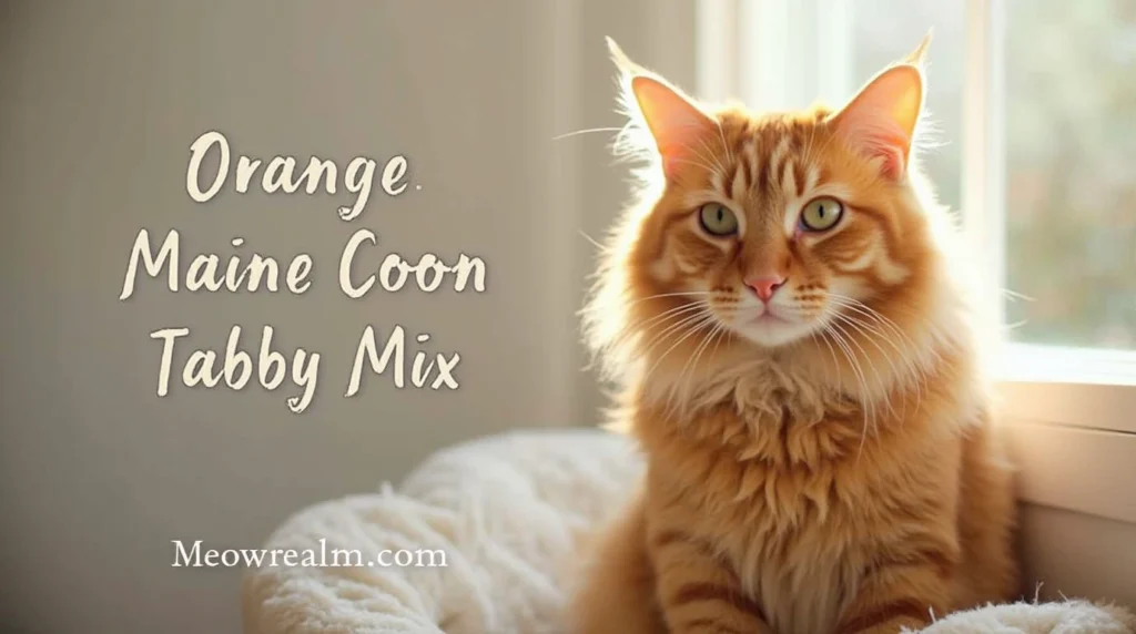 A majestic orange Maine Coon cat lounging on a sunny windowsill, showcasing its fluffy coat and gentle eyes.