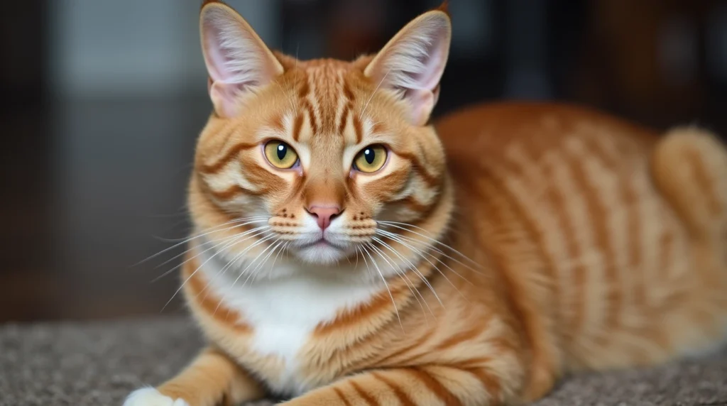 Close-up of an orange Maine Coon cat with distinctive tabby markings, exuding a playful yet regal demeanor.