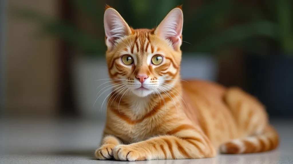 An orange Maine Coon cat sitting on a soft cushion, its long tail elegantly curled around its body.