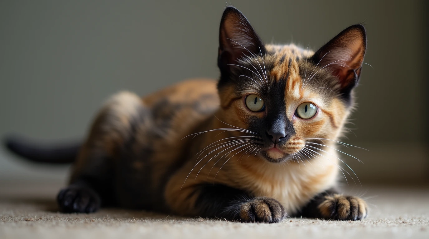 Close-up of a dilute tortoiseshell cat's face, showing its soft gray, cream, and peach fur tones.