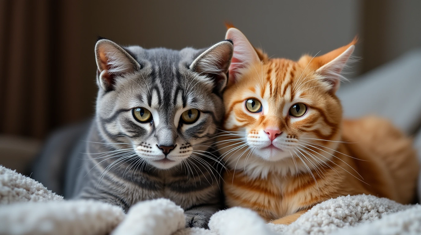 A loving couple of cats cuddling on a cozy blanket, showing strong feline bonding.