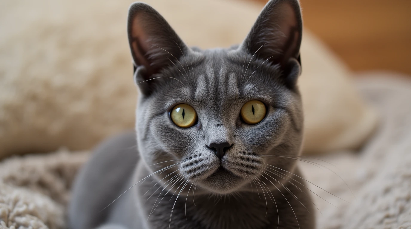 British Shorthair cat lounging on a cozy couch, showcasing its chubby cheeks and sturdy build.