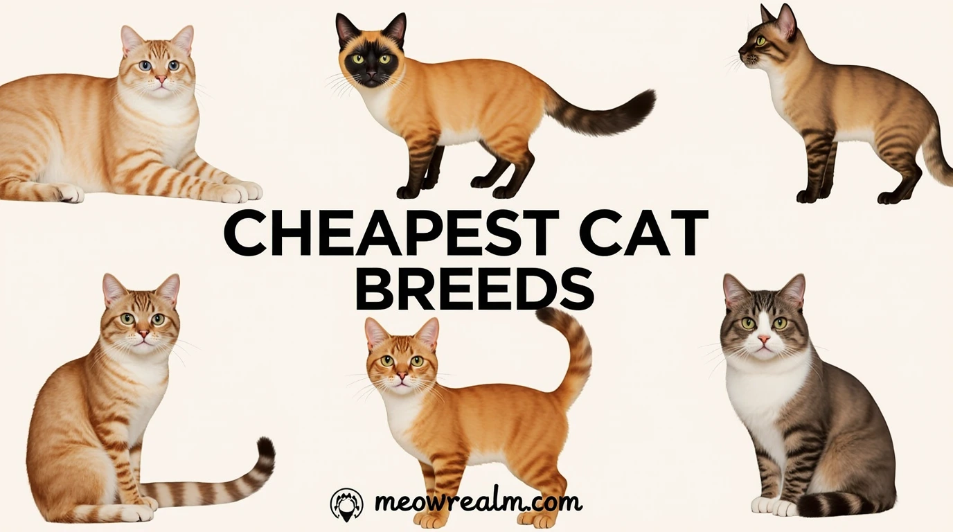 Design an eye-catching image featuring a selection of the cheapest cat breeds, illustrated or photographed in a friendly and appealing style. Place the title text “Cheapest Cat Breeds” prominently in the center of the image, using a bold, clear font that stands out. At the bottom footer of the image, display the blog URL “Meowrealm.com” in a clean, readable font. Use warm and inviting colors to create an approachable and trustworthy look.